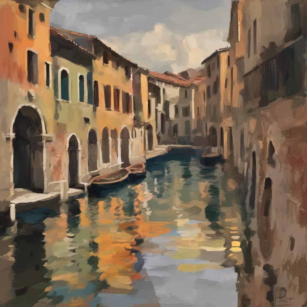 Καμβάς με εικόνα από παραδοσιακά κτίρια δίπλα σε κανάλι, εμπνευσμένη από τέχνη και σινεμά, οπτική αφήγηση και σύνθεση.