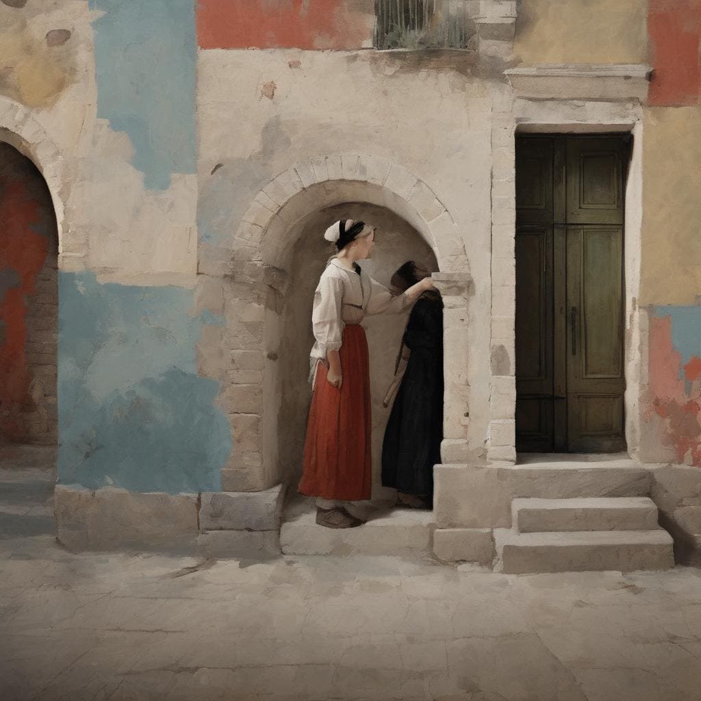 Παραδοσιακός τοίχος και δύο γυναίκες σε οπτική αφήγηση και σύνθεση, εμπνευσμένη από τέχνη και σινεμά.