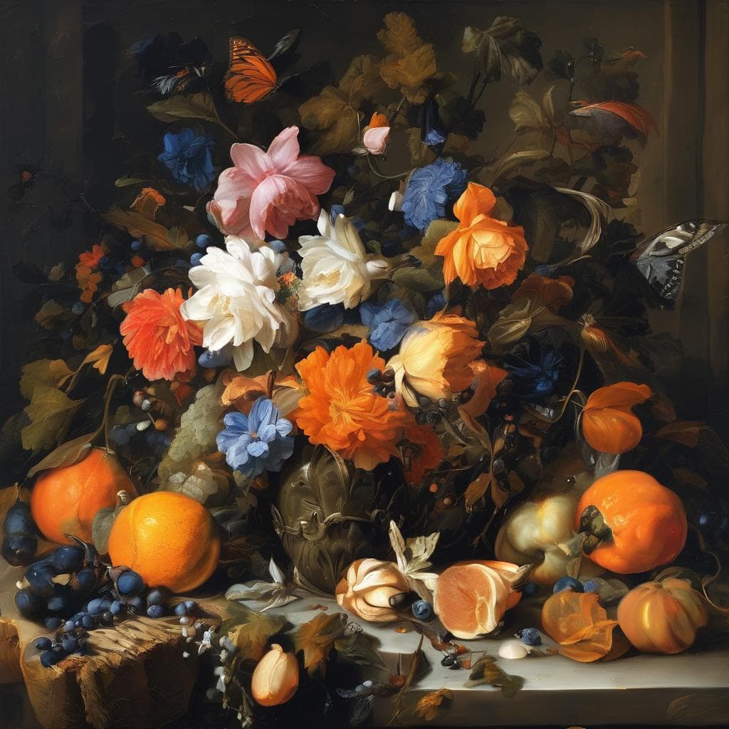 Πίνακας με λουλούδια και φρούτα, τέχνη και σινεμά, οπτική αφήγηση και σύνθεση, ζωγραφική inspired by σύγχρονη τέχνη.