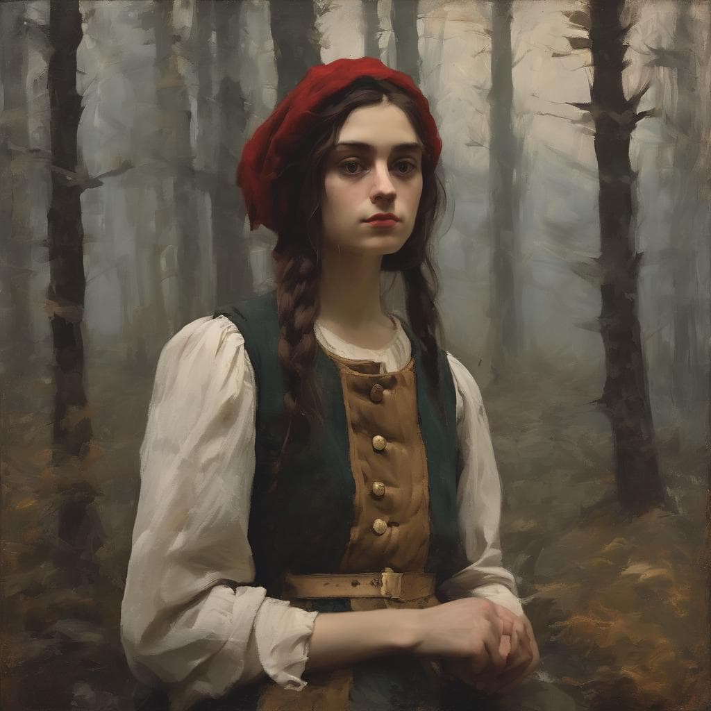 Παράδειγμα: Νεαρή γυναίκα σε δασότοπο με καστανά ρούχα και κόκκινο μαντήλι, στην τέχνη και σινεμά.